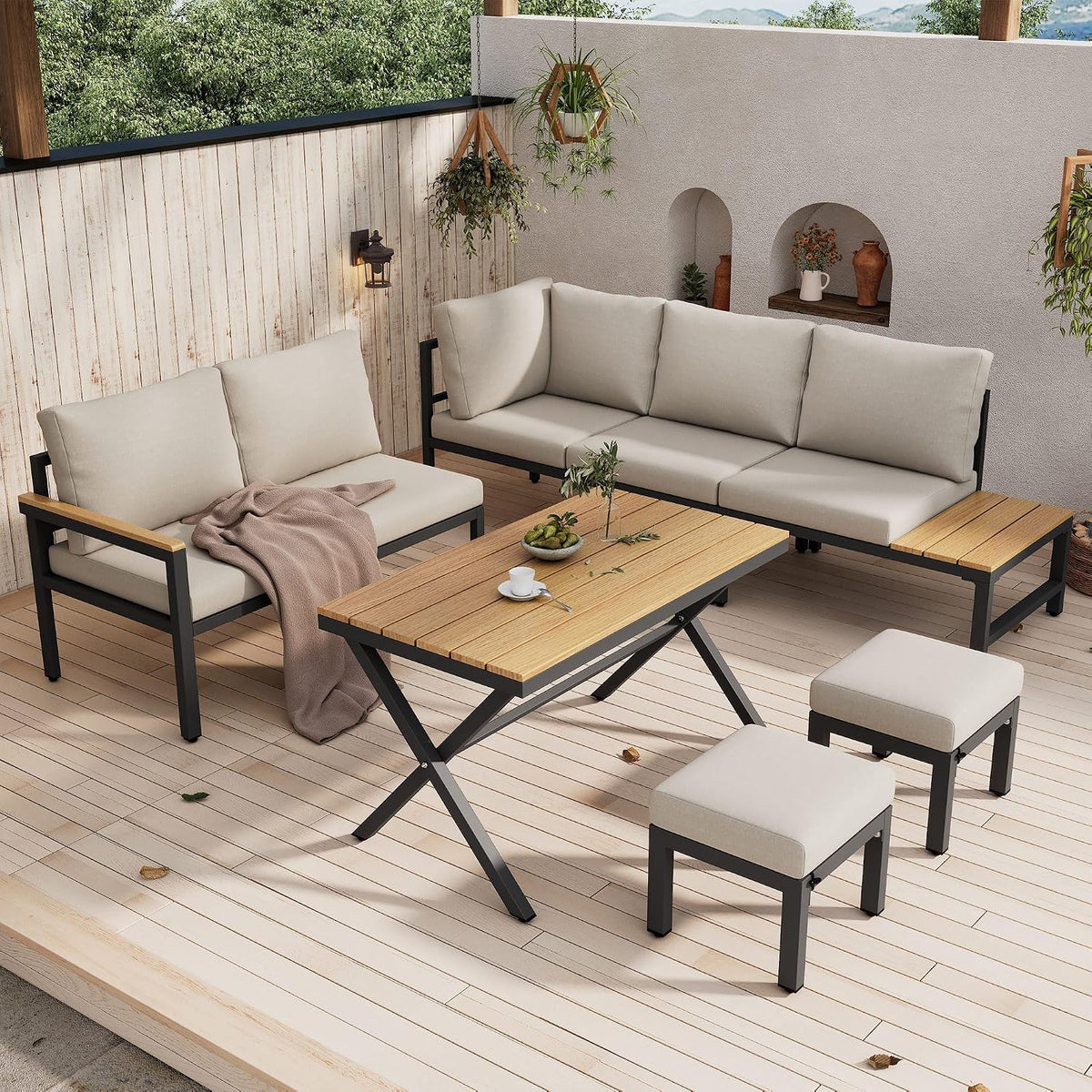 Gartenmöbel-Set, mit Stauraum, aus Stahl und Kunststoff, für den Garten, Beige/Schwarz/Holz, Lahoomu