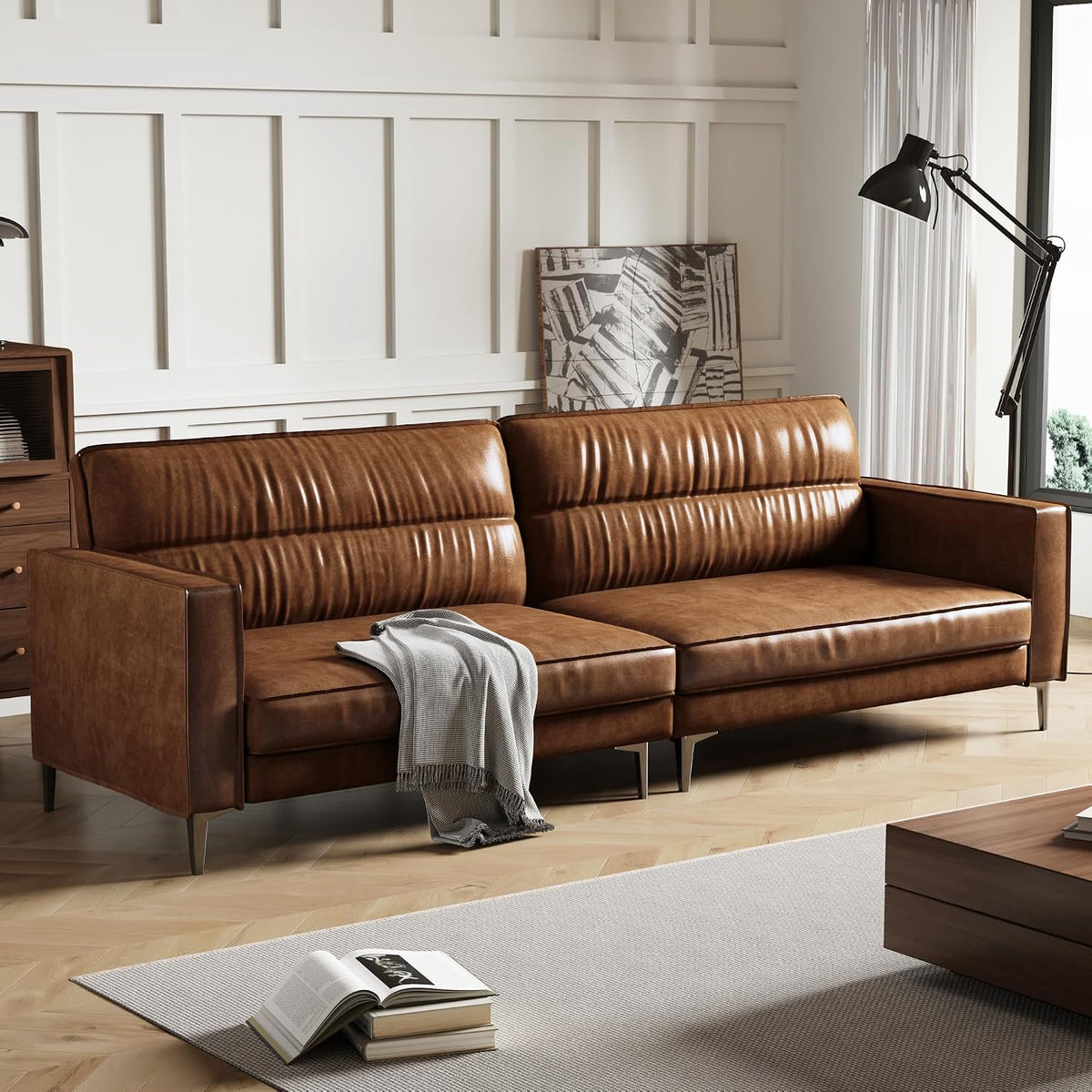 Sofa, 220 cm, aus Metall und Leder, für das Wohnzimmer, Braun, OLEYLUCKLIVE