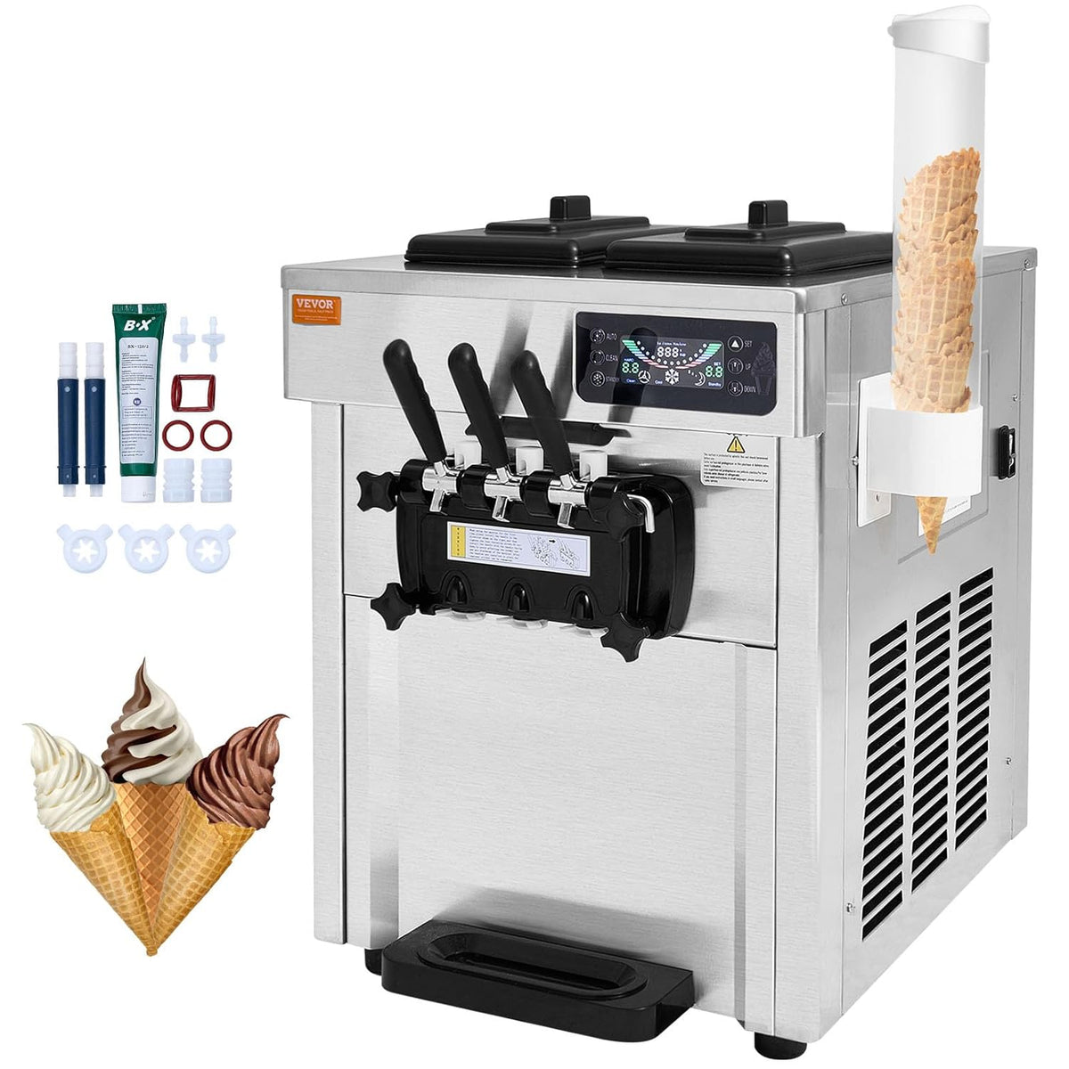 VEVOR Kommerzielle Eismaschine 18 Frozen Joghurt- & Eiscremeautomaten, 18–28 L, 5,5 L, mit LED, mit Timer, Silber/Schwarz