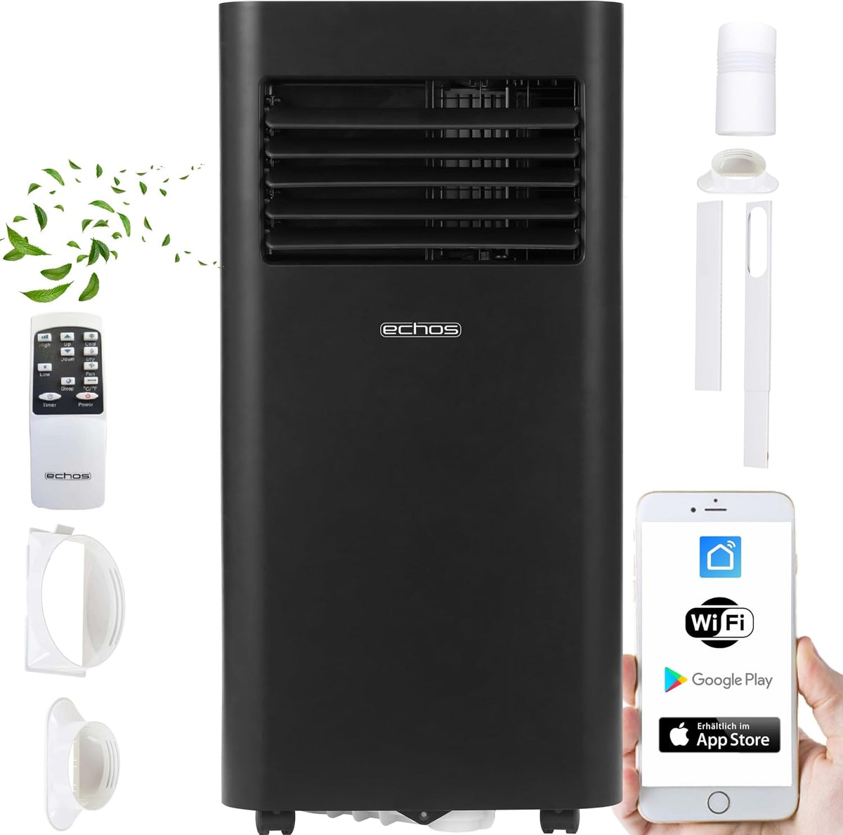 Klimaanlage, 9000 BTU, mit WLAN, mit Fernbedienung, mit Timer, Schwarz, Echos