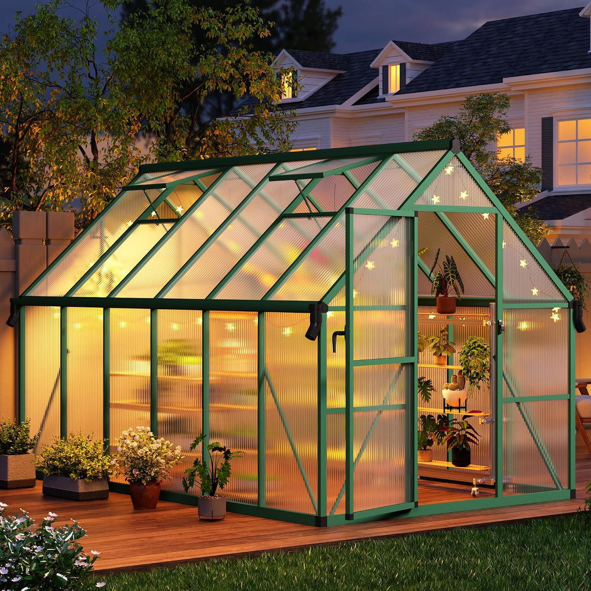 Gewächshaus, 2,4 × 3,6 m, verstellbar, aus Aluminium, für den Garten, Grün, CABIHOME