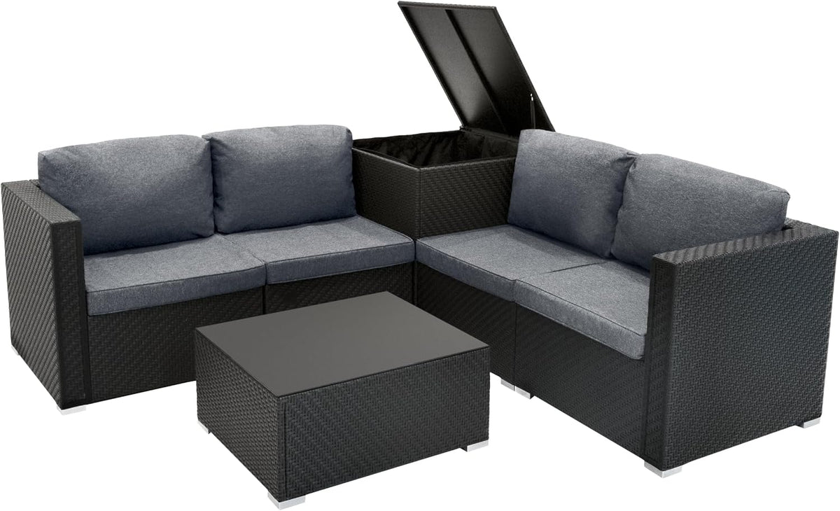 Gartenmöbel-Set, 250 L, wasserdicht, mit Stauraum, für den Garten, aus Polyrattan und Glas, Schwarz/Grau, Monster Shop