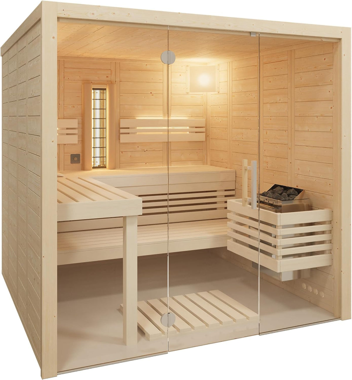 Infraworld Sauna, 210 × 212 × 202 cm, aus Massivholz und Glas, mit USB, Naturholz