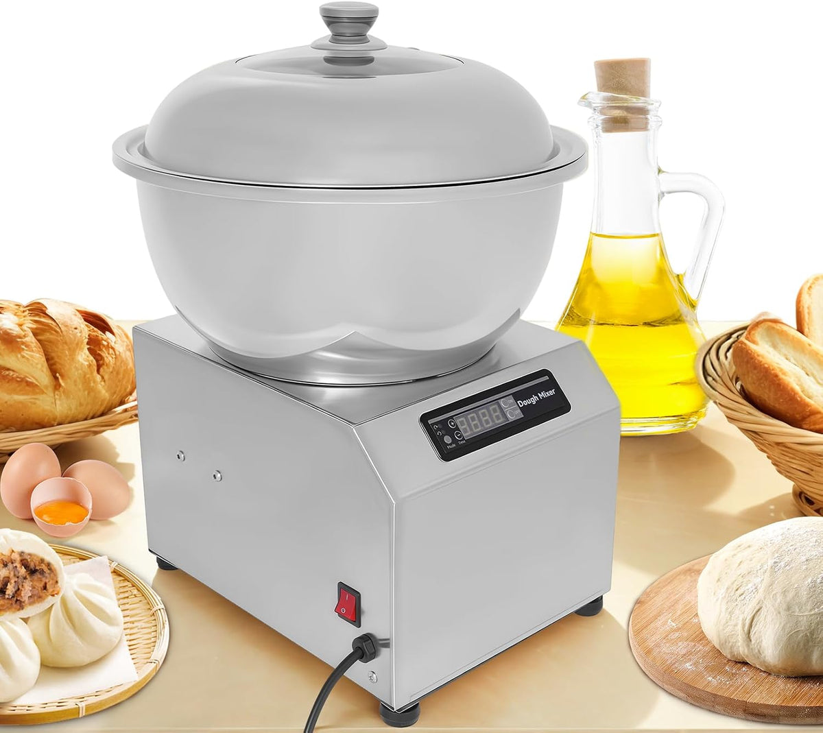 Zertylre Knetmaschinen, 750 W, 8 KG, mit LED, mit Timer, aus Edelstahl und Stahl, Silber