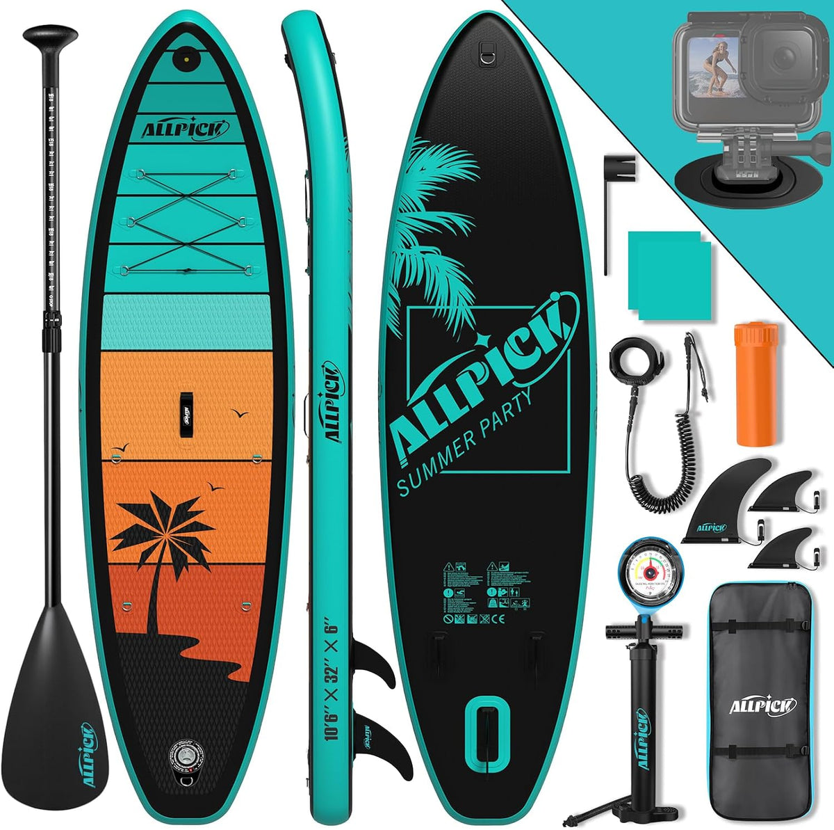 Boards Premium SUP Board Set, 200 kg, verstellbar, Schwarz/Türkis/Orange, ALLPICK