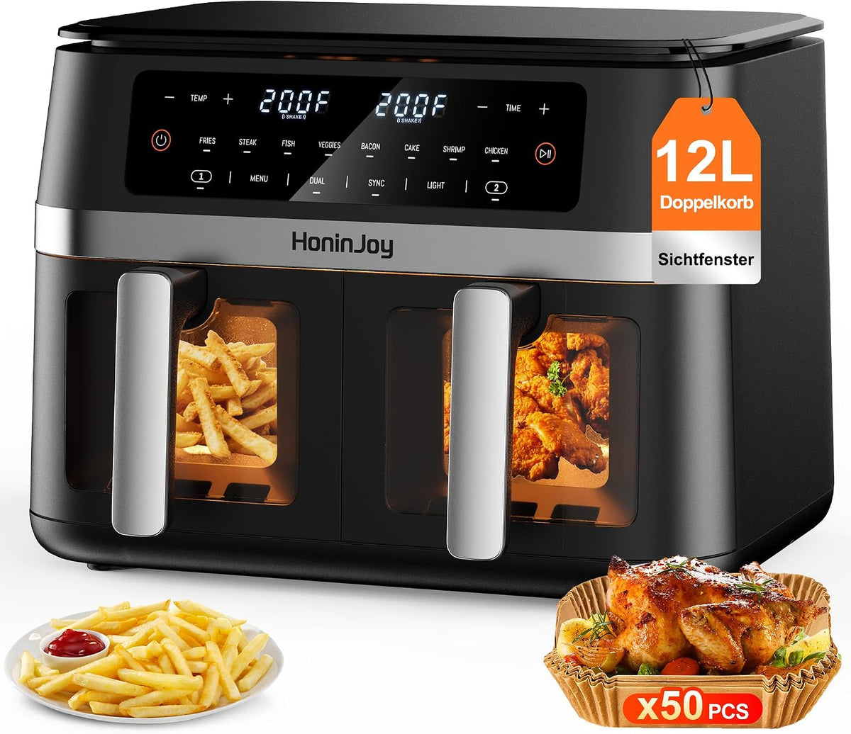 Heißluftfritteuse in-1, 12 L, Schwarz/Silber, HoninJoy