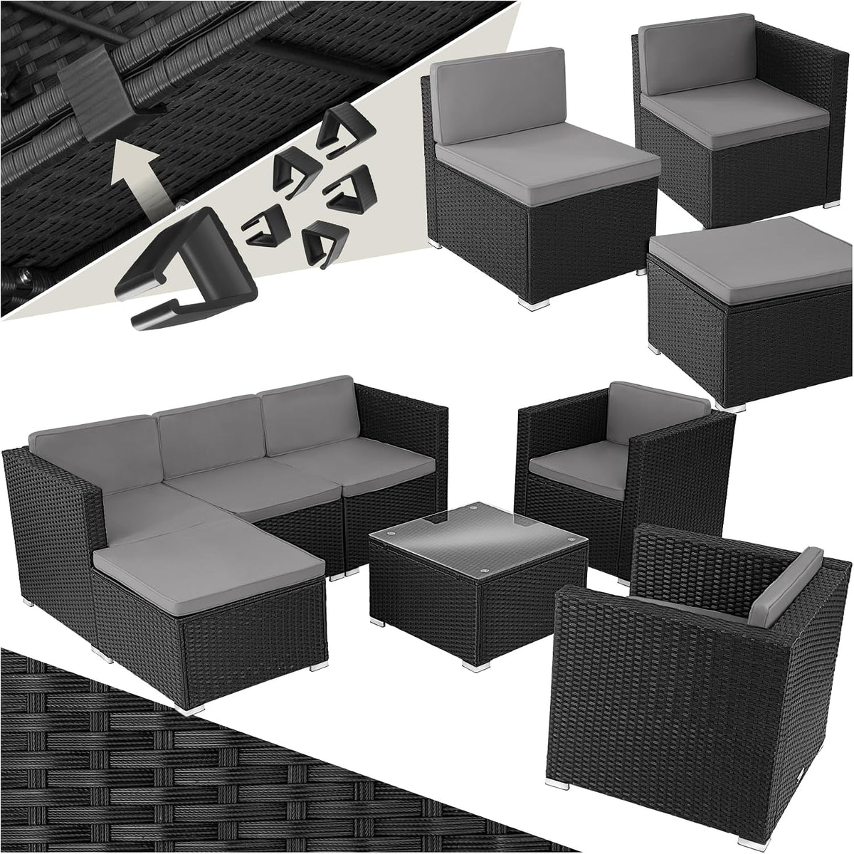 Gartenmöbel-Set, wasserabweisend, für den Garten und die Terrasse, aus Polyrattan, Schwarz/Grau, tectake