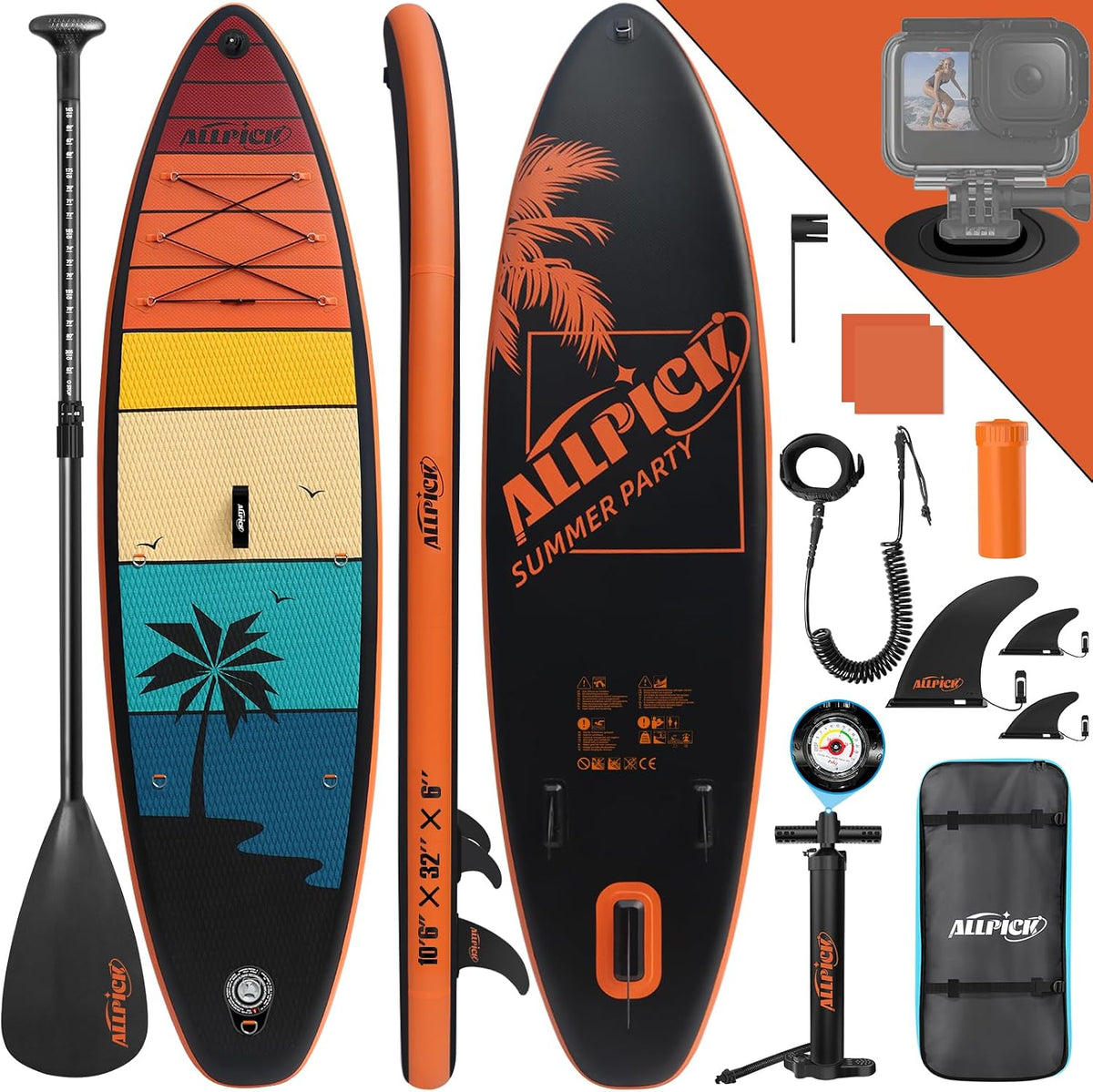 ALLPICK Premium SUP Board Set Aufblasbare Boards, 200 kg, verstellbar, Orange/Schwarz