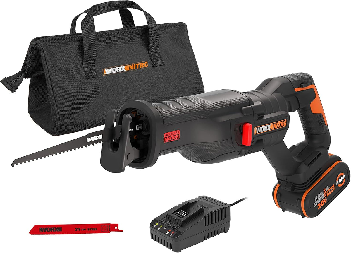 WORX WX516 Säbelsäge, 20 V, 4 Ah, mit LED, bürstenlos, Schwarz/Orange/Rot