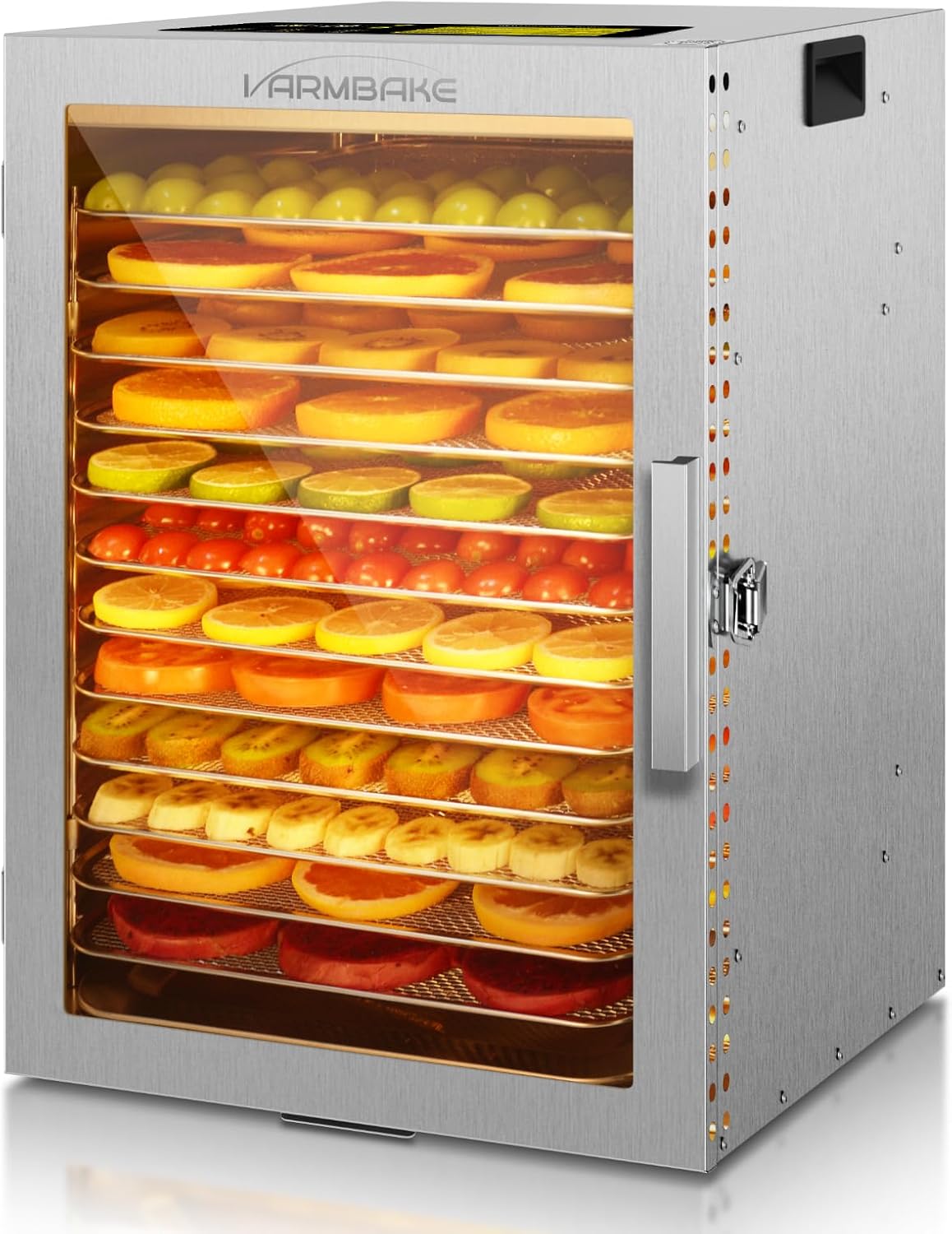 VarmBake Dörrautomaten, 29 × 29 cm, 30–90°C, 800 W, mit Timer, aus Edelstahl und Stahl, Silber