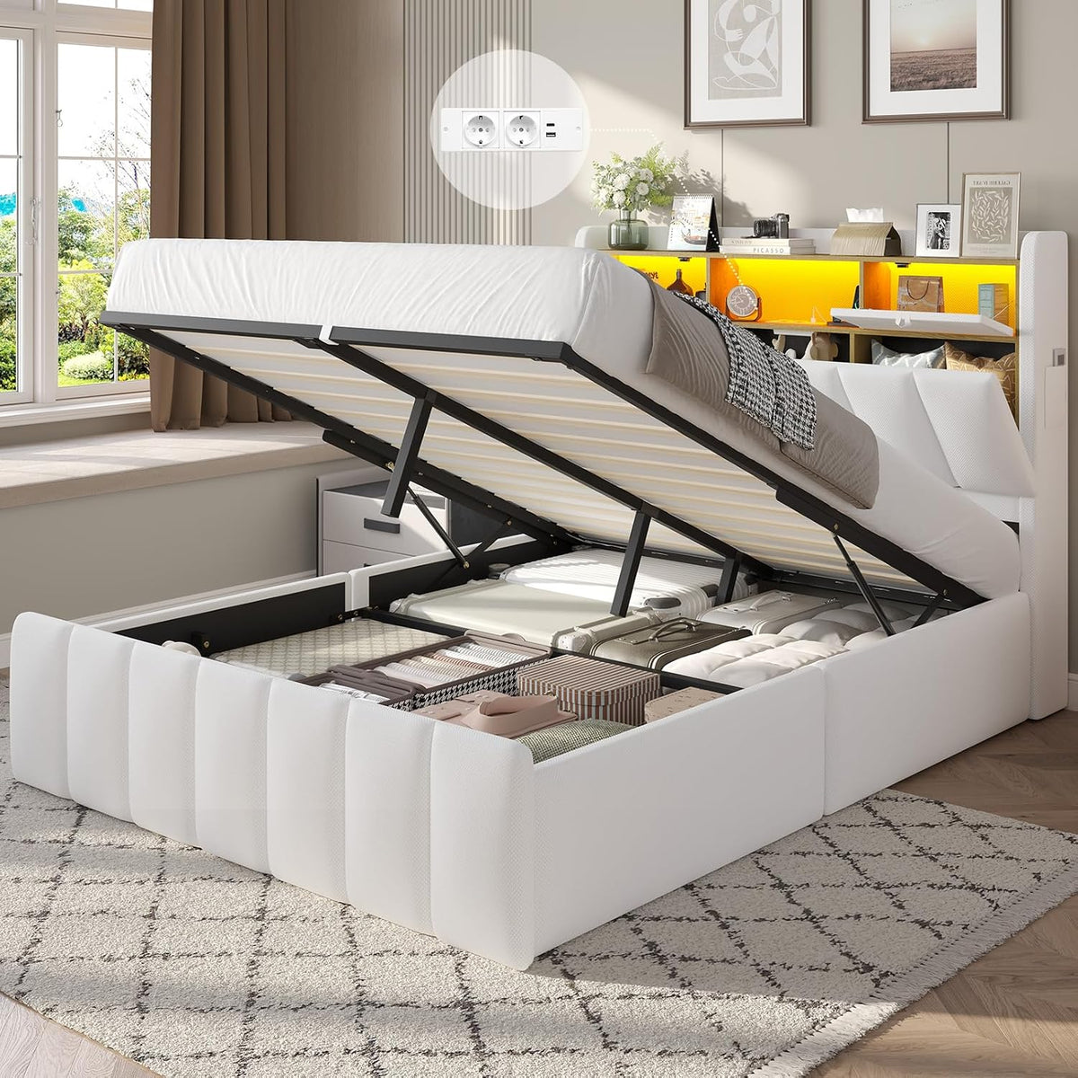 Bett, 140 × 200 cm, mit LED, mit USB, mit Stauraum, Weiß, DICTAC