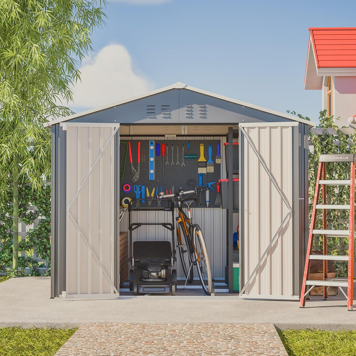 Gerätehaus, 229 × 111 × 182 cm, mit Stauraum, aus Metall, für den Garten und die Terrasse, Anthrazit/Grau, DHWDS