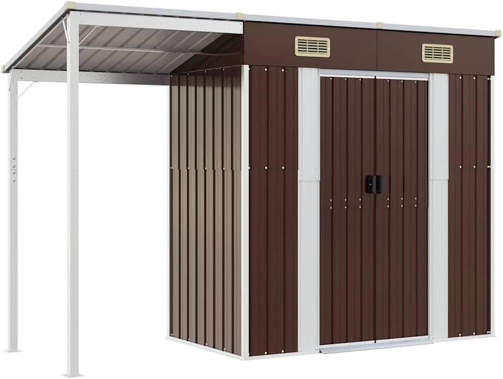 Gerätehaus, 277 × 110,5 × 181 cm, aus Stahl und Metall, mit Stauraum, für den Garten, Braun/Weiß