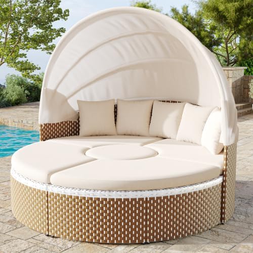 Gartenmöbel-Set, höhenverstellbar, für den Garten und die Terrasse, aus Polyrattan, Beige/Braun/Weiß, kozamas