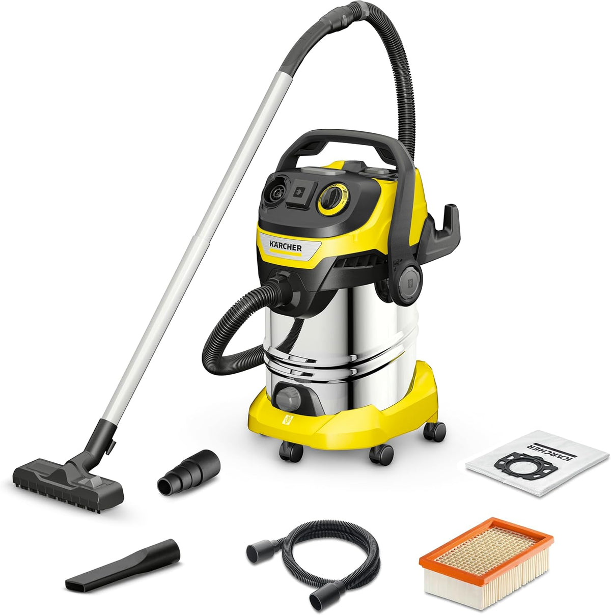 Karcher V-30/6/22/T Nass- und Trockensauger, 30 L, 1300 W, aus Edelstahl und Stahl, Gelb/Schwarz