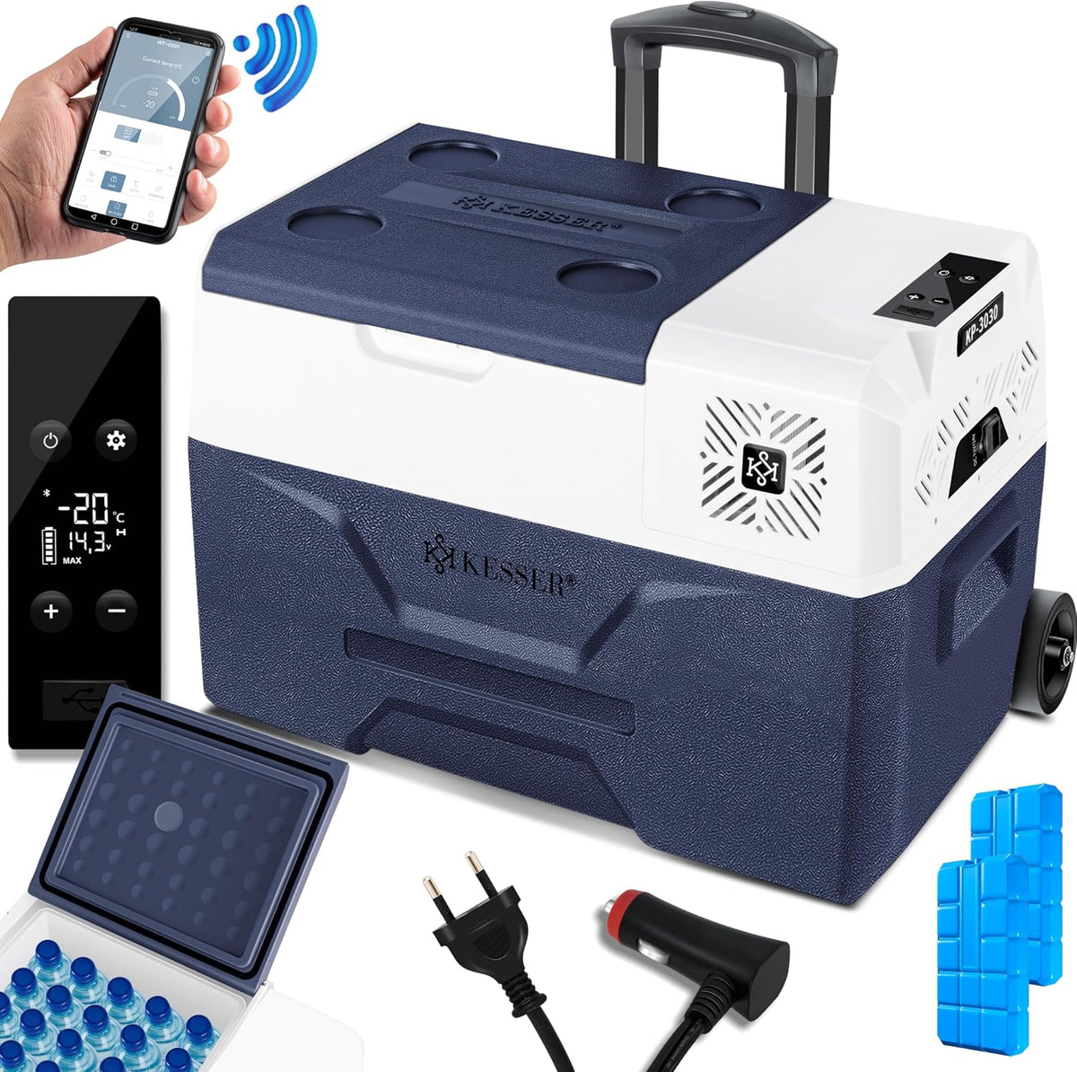KESSER Kühlschränke, 30 L, 230 V, 20 °C, mit App-Steuerung, für Camping, Blau/Weiß