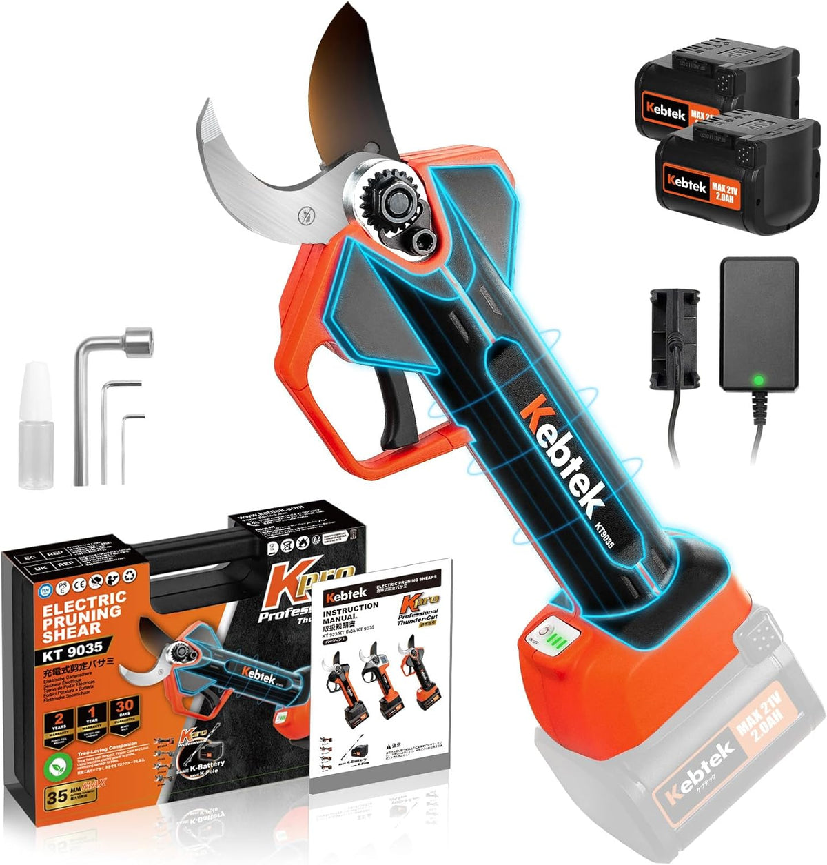 Kebtek Gartenscheren, 21 V, 4000 mAh, 35 mm, verstellbar, ohne Akku, für den Garten, Schwarz/Orange