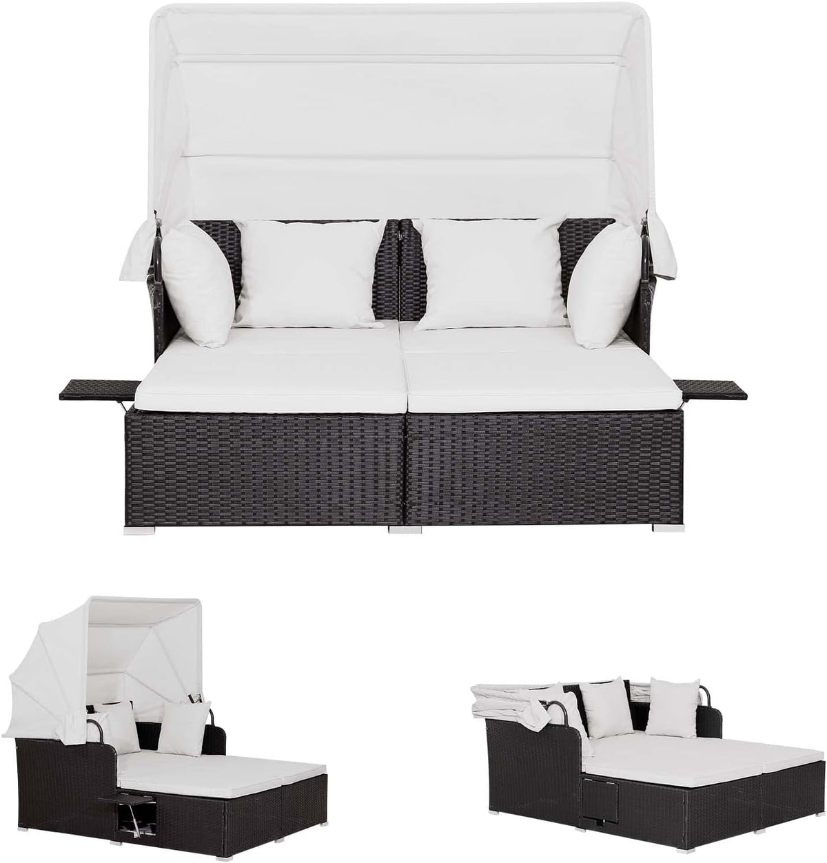 Liegen Sonnenliege Set Poly Rattan, 360 KG, klappbar, für den Garten, aus Polyrattan, Schwarz/Weiß, LIFEZEAL