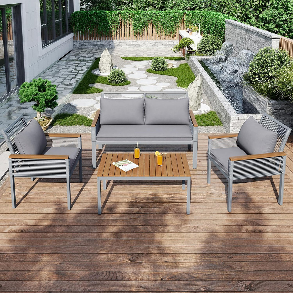 Gartenmöbel-Set, aus Polyrattan, für den Garten und den Balkon, Grau/Hellbraun, Oxtao
