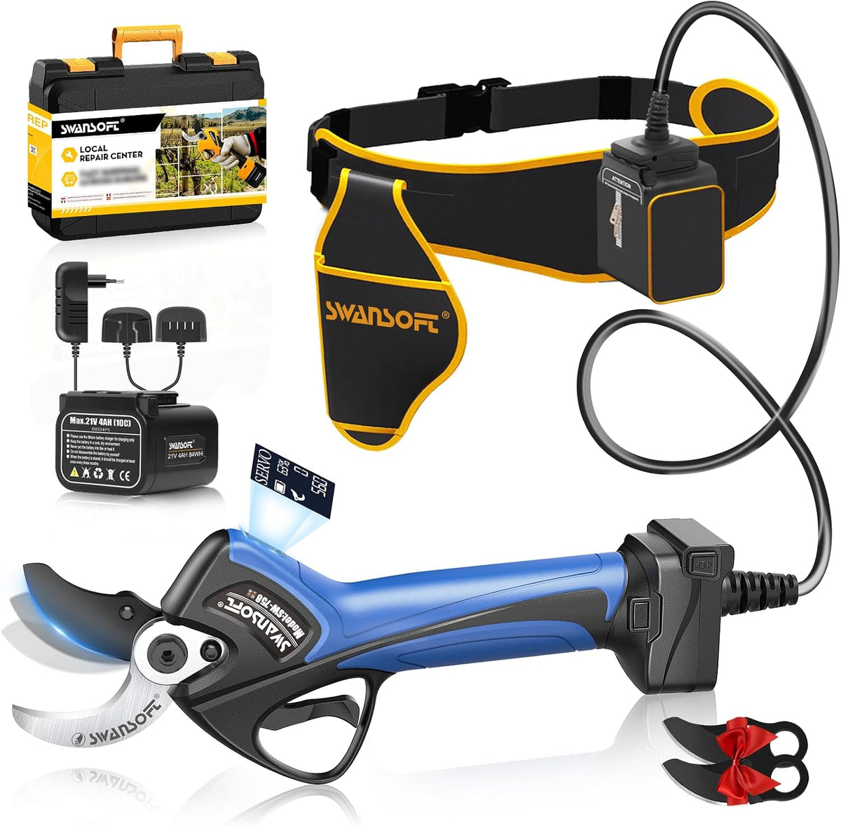 Baumscheren & Gartenscheren Astscheren1050W, 21 V, 4000 mAh, 40 mm, bürstenlos, verstellbar, kabellos, für den Garten, Blau/Schwarz, SWANSOFT