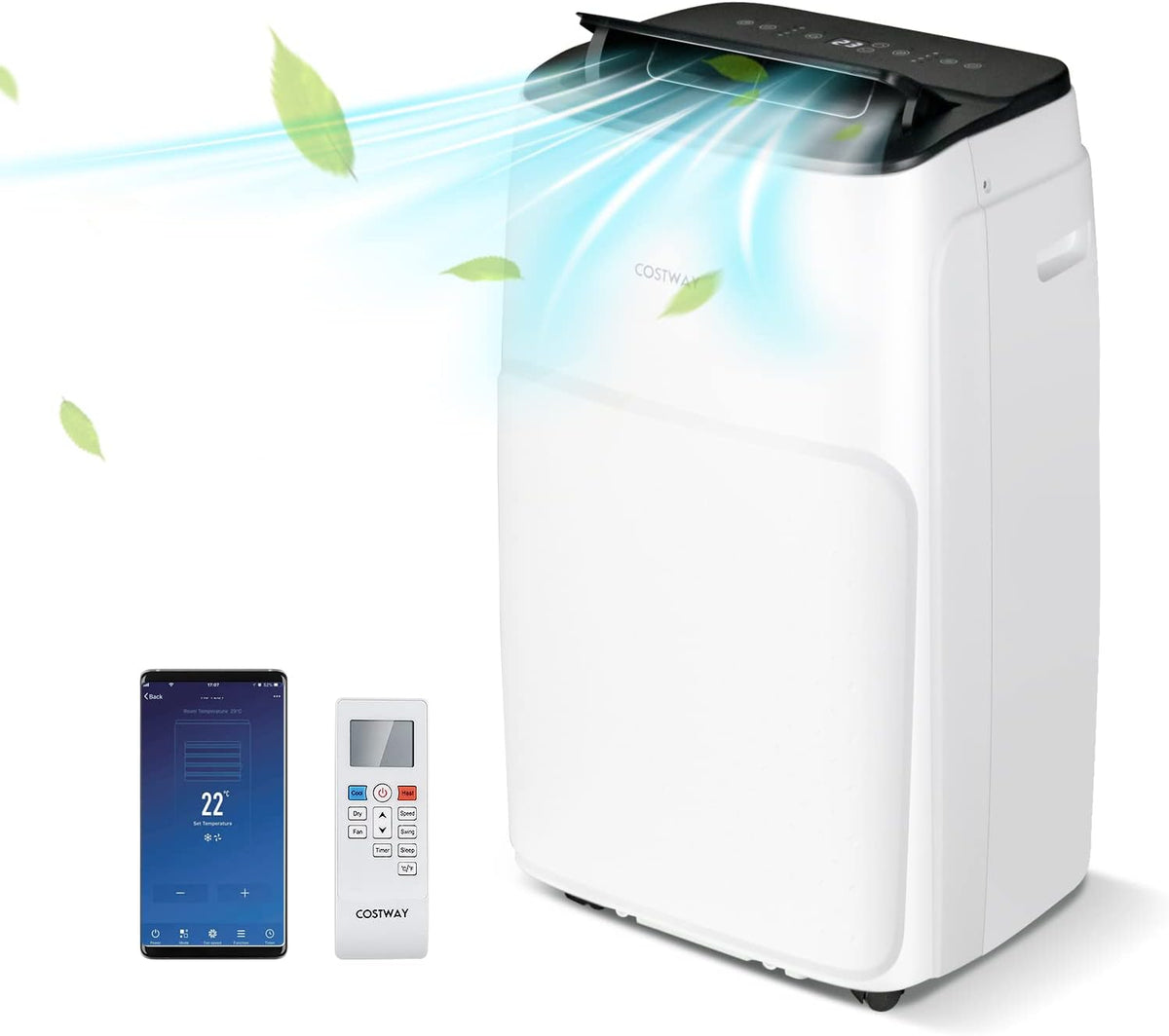COSTWAY Klimaanlage, 14000 BTU, 135 m³, verstellbar, mit LED, mit WLAN, mit Fernbedienung, Weiß/Schwarz