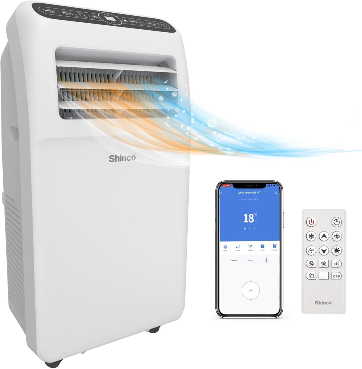 Shinco Mobile Klimaanlage, 12000 BTU, 90 m³, mit Timer, mit LED, mit WLAN, mit Fernbedienung, Weiß