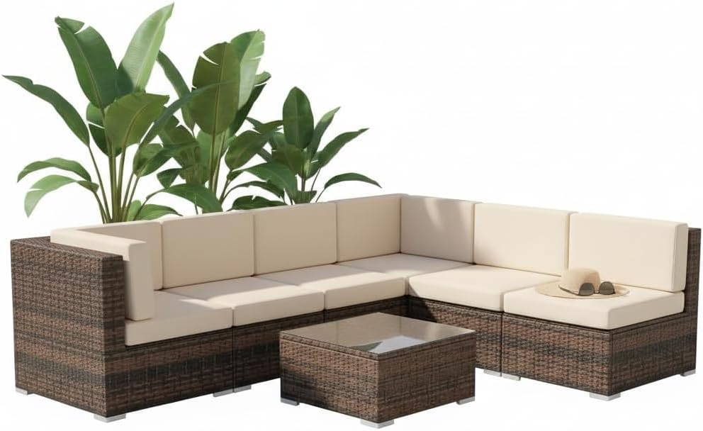 Gartenmöbel-Set, wasserabweisend, höhenverstellbar, für den Garten und die Terrasse, aus Polyrattan, Braun/Beige, Mucola
