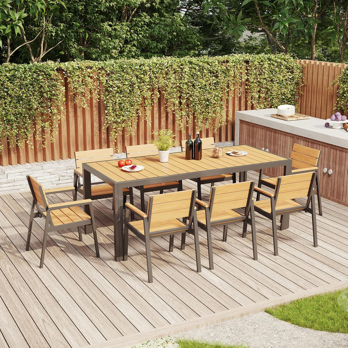 Gartenmöbel-Set Aluminium, 189 cm, wasserdicht, für den Garten und die Terrasse, aus Aluminium, Teakfarbe/Grau, TRIUMPHKEY