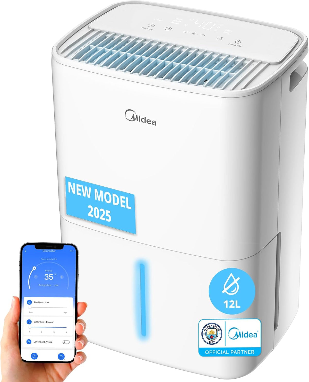 Luftentfeuchter Leiser, 12 l, 35 m², mit App-Steuerung, Weiß, Midea