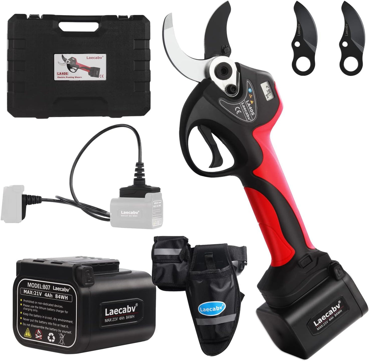 Laecabv LA40S Baumscheren & Gartenscheren, 4000 mAh, 40 mm, bürstenlos, verstellbar, für den Garten, Schwarz/Rot